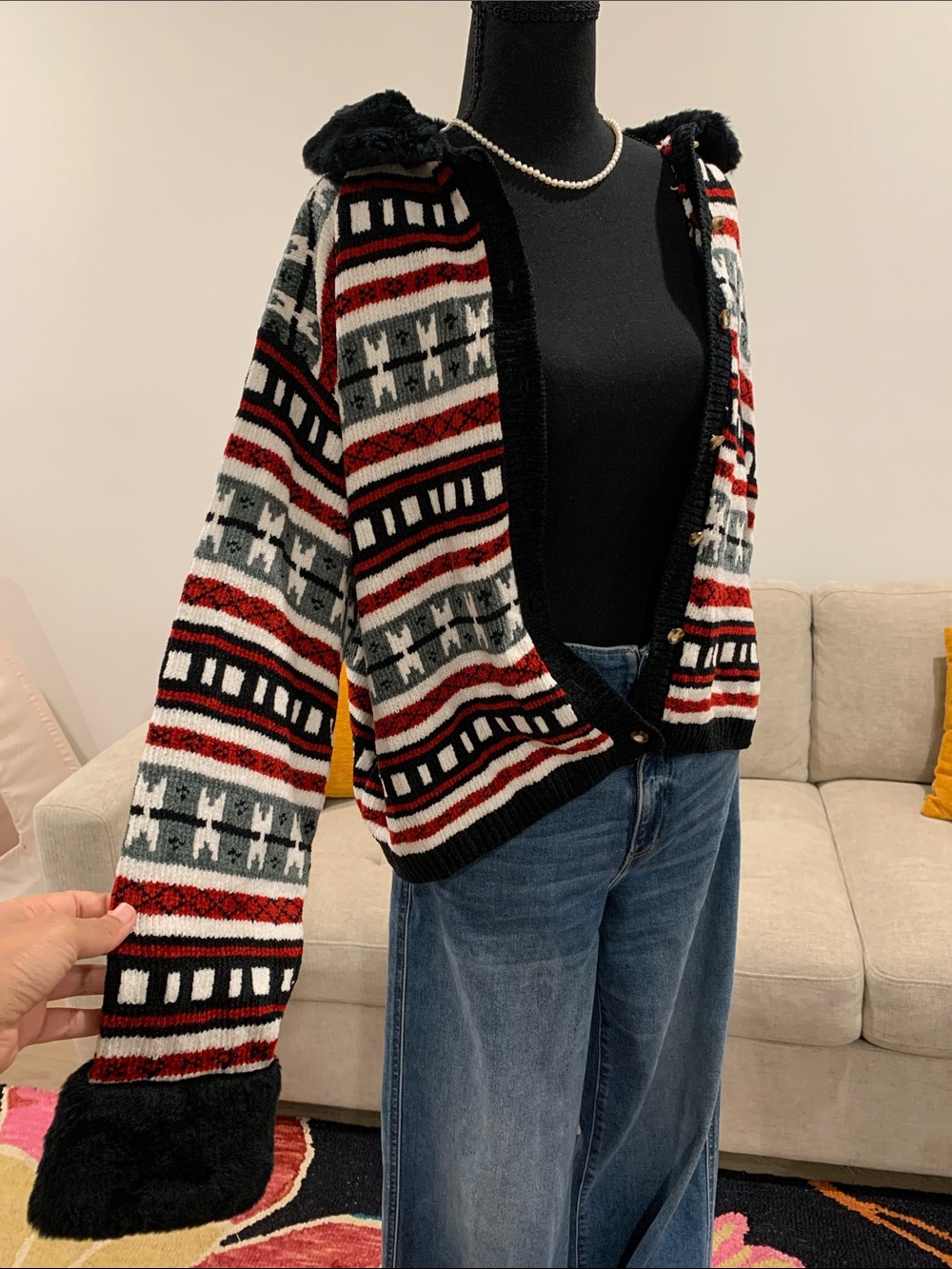 EXCHANGE Black, Red, White & Gray Patterned Faux-Fur Trim Cardigan